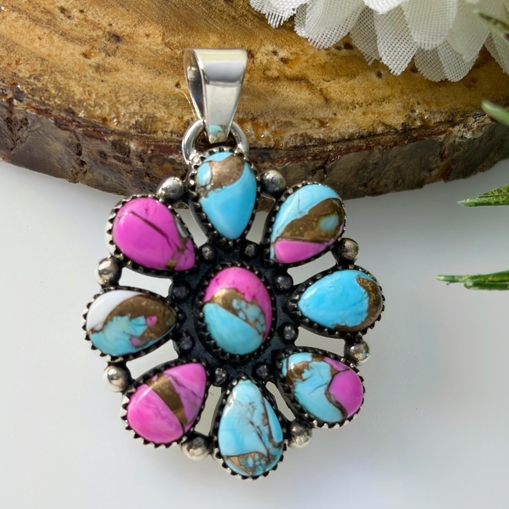 Pure Sterling Silver 925 Cotton Candy Turquoise Pendant Boho Southwest New - Picture 5 of 12